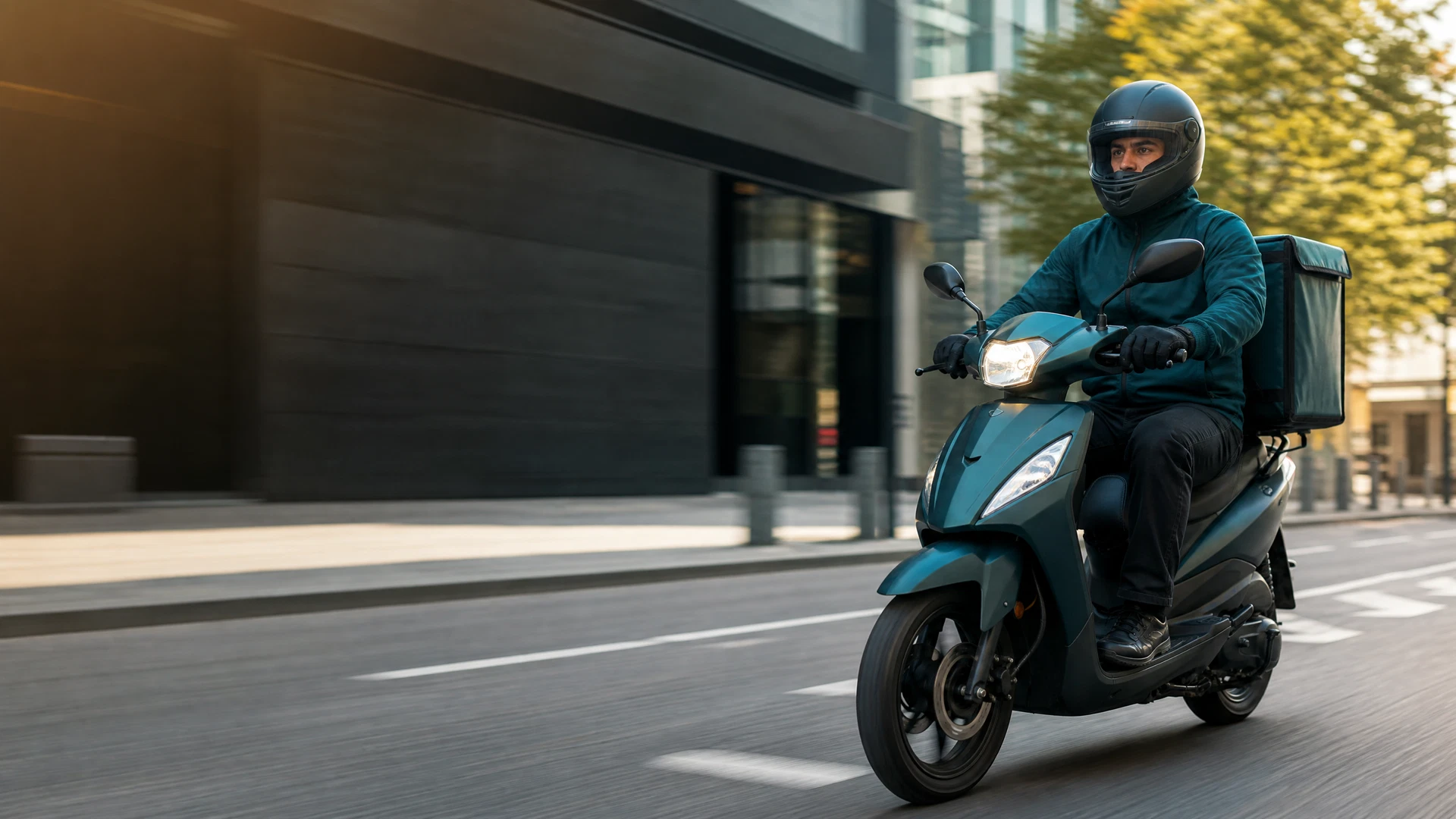 Kurye Trend Görselleri ve Müşteri Paneli Şehir silueti önünde motorlu kurye